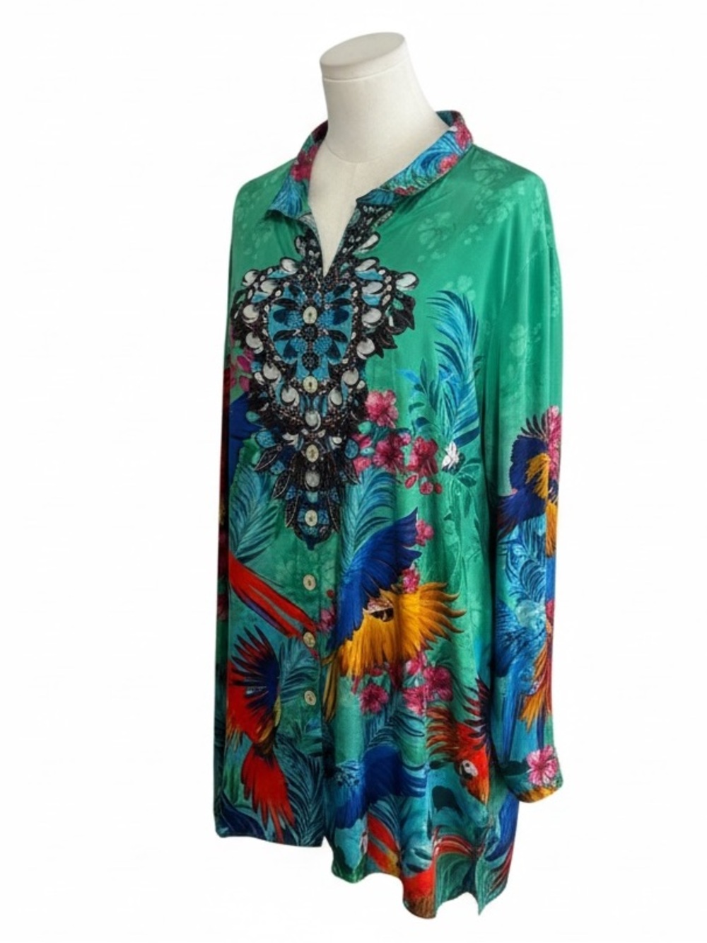 JOHN MARK Green Parrot Print Button Down Tunic Top Shirt Tropical 1X Resortwear